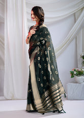 Midnight Green Silk Saree with Detailed Zari Weave